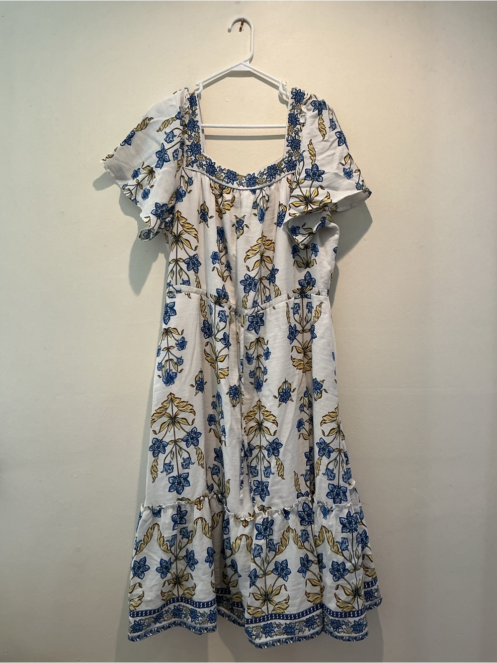 Draper James Blue & Yellow Floral Block Print Tiered Midi Dress - Size Large